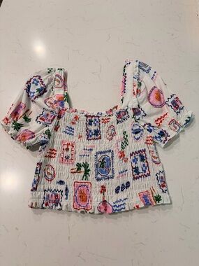 Monteau White Smocked Crop Top with Multi-Color Print